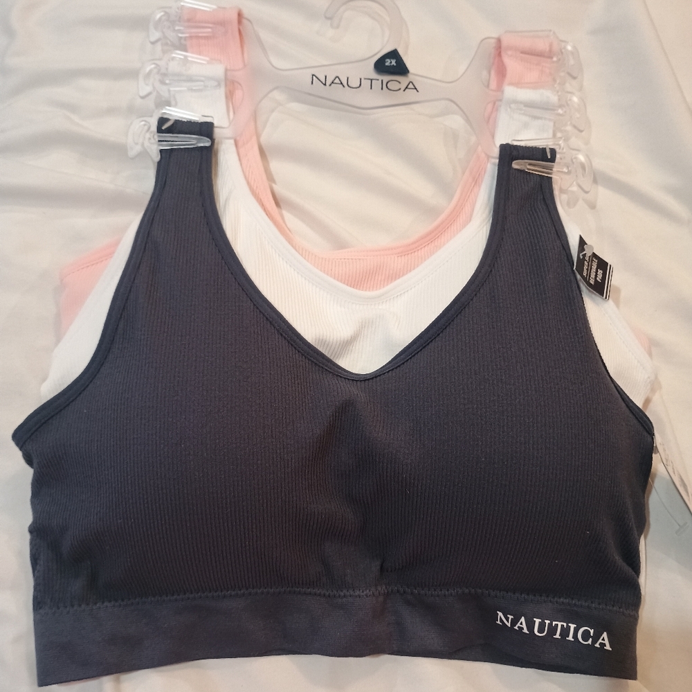 New Nautica 3 Pk Active Loungewear Sports Bras Navy White Pink Size 2X